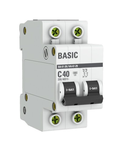 Автоматический выключатель 2P 40А (C) 4,5кА ВА 47-29 Basic (mcb4729-2-40C). Автоматический выключатель. EKF в Кирове